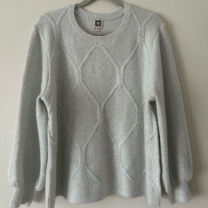 Anne Klein Light Gray Sparkle Sequin Cable Crewneck Sweater